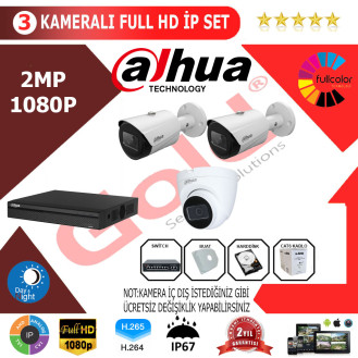 Dahua 3'lü 2MP 1080P İP Kamera Seti Dahua 3'lü 2MP 1080P İP Kamera Seti
